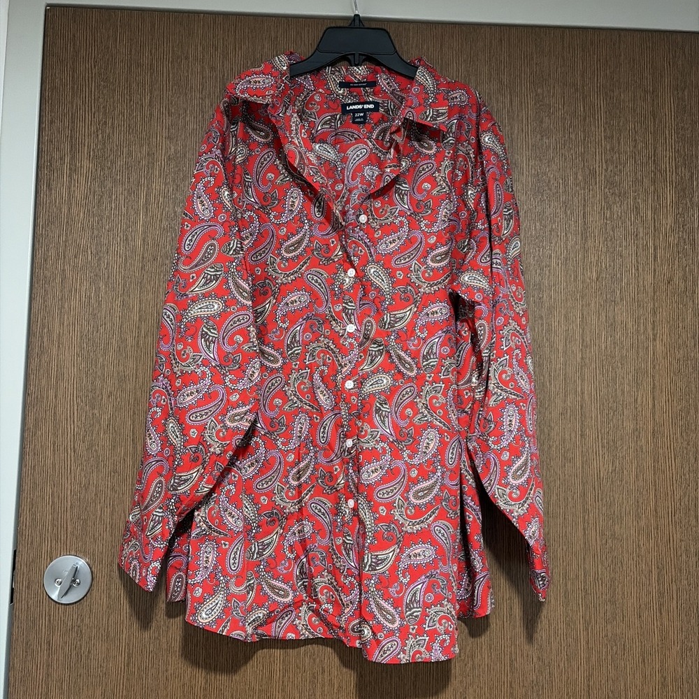 Lands End Shirt Womens Sz 22W Red Paisley Button Up Non Iron Supima Long Sleeves